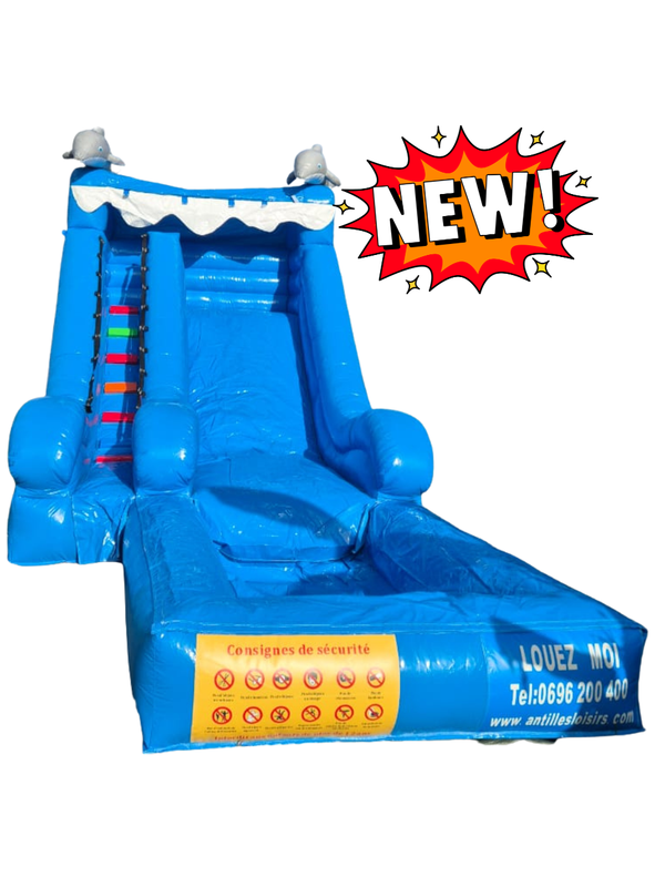 TOBOGGAN PISCINE DAUPHIN – Location Martinique : Toboggan gonflable avec piscine pour enfants de 4 à 12 ans (env. 7 x 4 x ht 5 m.) / FORFAIT DE 4H