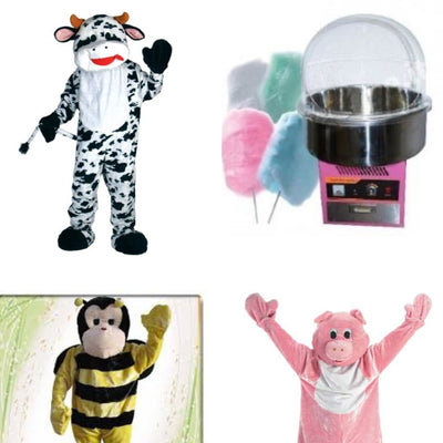Mascottes, barbes à papa, popcorn, gros jeux en bois, ...