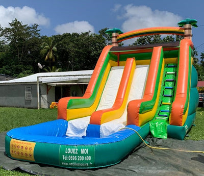 Toboggan Piscine Tropical Double Descente (pour enfants de 4 à 12 ans) env. 8 x 4,3 x ht 5 m / prévoir un emplacement plat de 1 m. de plus./ FORFAIT DE 4H